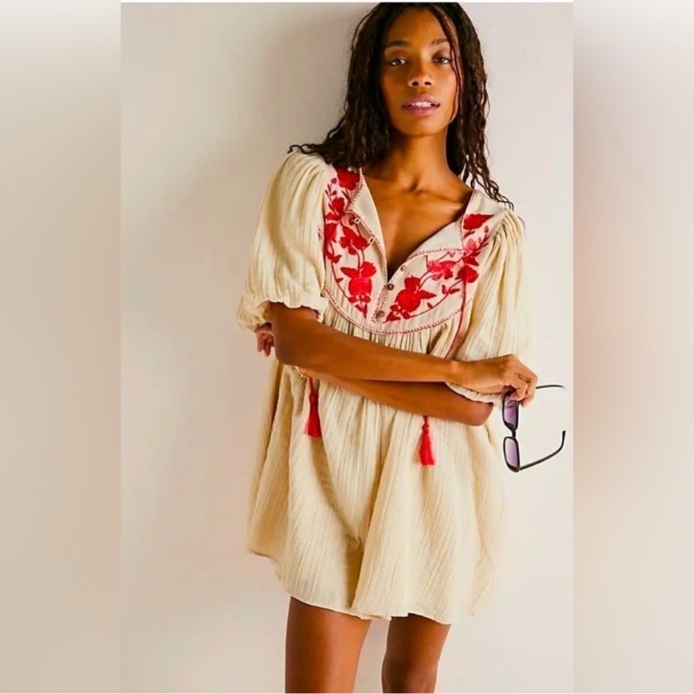 Free people Chic Cream Top with Red Stitching